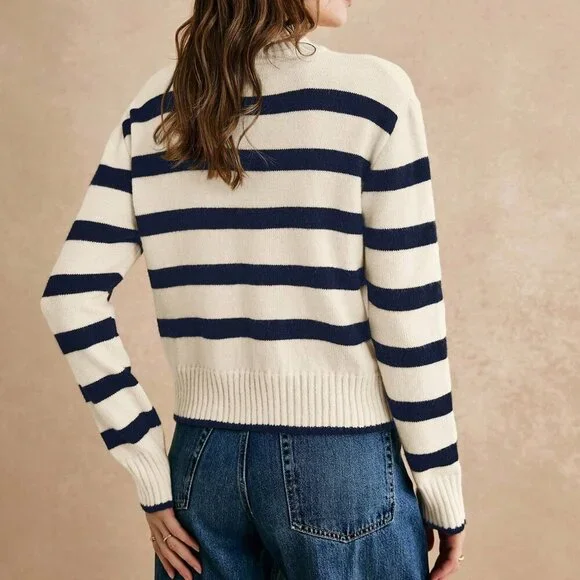 Navy Blue Casual Women's Striped Stand Collar Drop Shoulder Long Sleeve Sweater - Picture 2 of 7